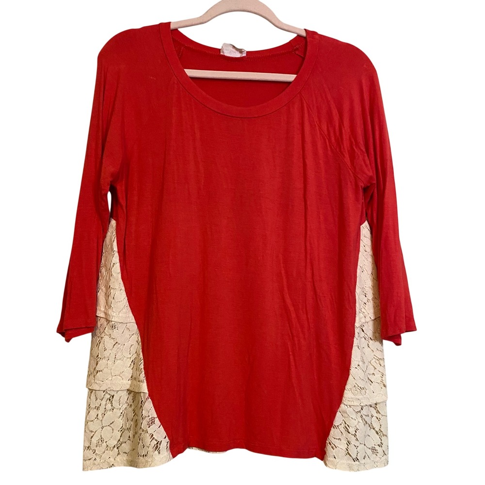 Fantastic Fawn Red 3/4 Sleeve Top Cream Tiered Lace Back Boho KT14092-01 Medium
